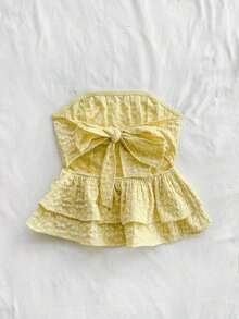 Blusa amarilla casual de verano estilo peplum sin espalda con lazo para mujer, look casual para vacaciones, almuerzo o de regreso a clases - Amarillo - Ver 2