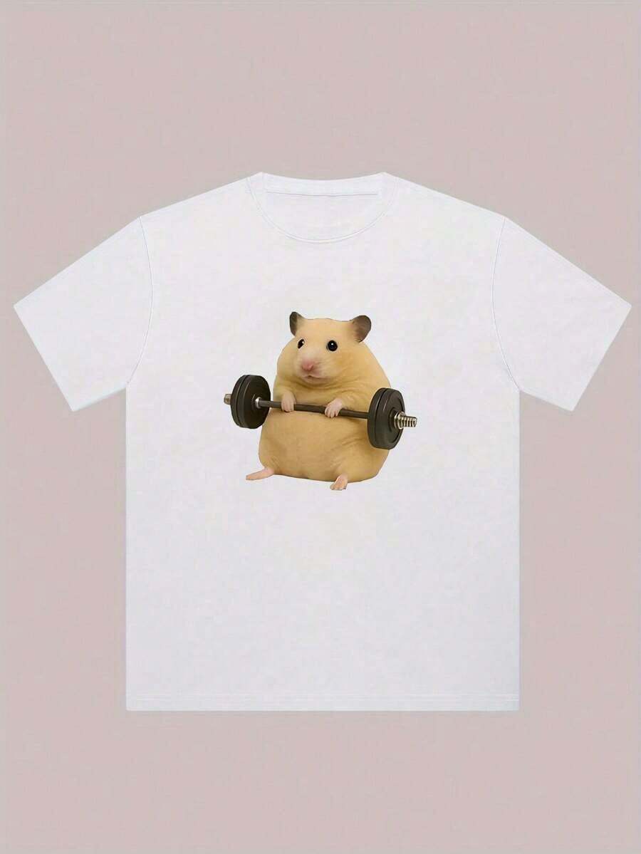 Camiseta casual para hombre con estampado de hámster |   Color liso, cuello redondo, corte regular, lavable aáquina, para amantes de los animales - Blanco - Ver 1