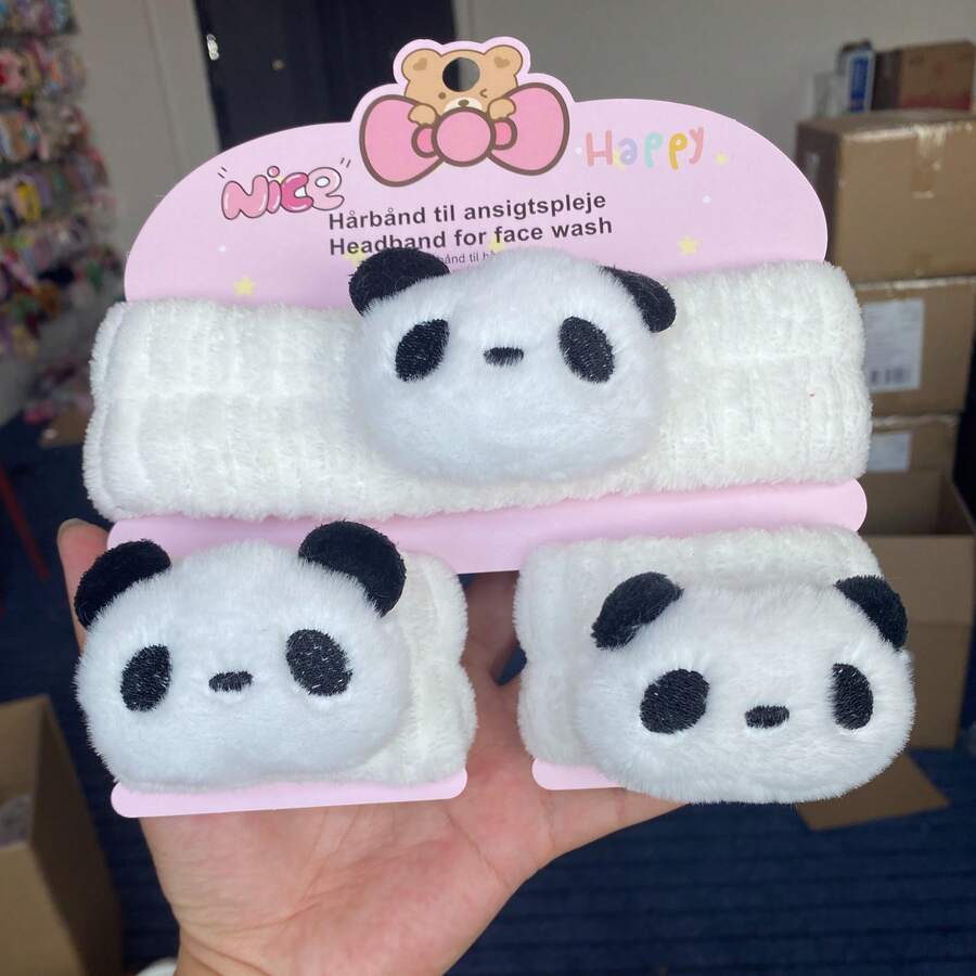 Bộ băng đô và vòng tay hình gấu trúc hoạt hình dễ thương dành cho nữ, phụ kiện tóc ngọt ngào. - Màu Hồng baby - Xem 1