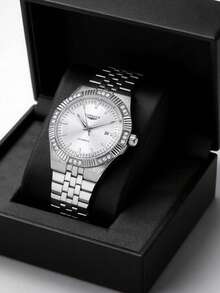 LONGLUX 1 chiếc đồng hồ cơ tự động nam, đồng hồ đeo tay lịch công sở dây thép đính kim cương sang trọng, thích hợp đeo hàng ngày và làm quà tặng. - trắng - Xem 2