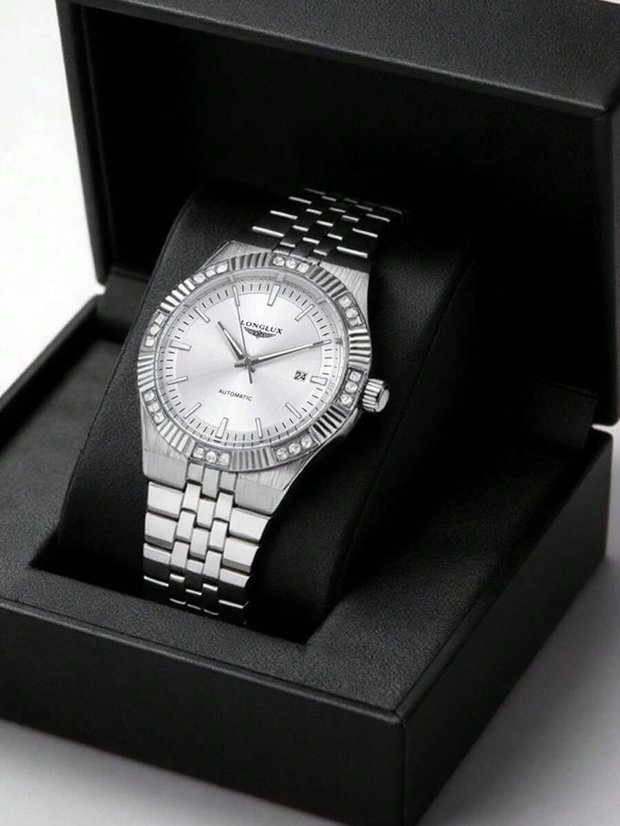 LONGLUX 1 chiếc đồng hồ cơ tự động nam, đồng hồ đeo tay lịch công sở dây thép đính kim cương sang trọng, thích hợp đeo hàng ngày và làm quà tặng.