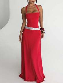 女款優雅夏季洋裝，性感收腰掛脖亮片拼接洋裝，適合海灘、節慶、度假、約會、旅行、生日、婚禮、夏季假期 - 紅色 - 查看 7