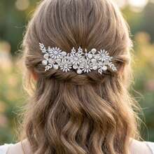 1件手工花卉设计发夹，女士奢华欧式新娘头饰，优雅派对装扮 - 銀色 - 查看 7