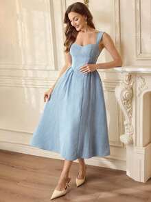 Elegante vestido vintage para mujer con bolsillos, vestido casual blanco para fiesta de té, vacaciones de verano, vestido formal, corsé, cumpleaños, invitada de boda. - Gris azul - Ver 2