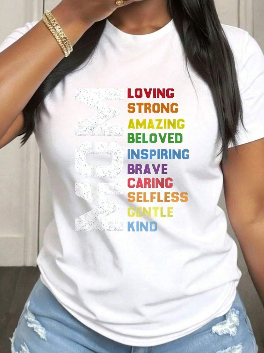 Día de la Madre, Mamá ama Poderosa y asombrosa Camiseta de mujer estilo urbano de moda para el Día de la Madre Top casual de manga corta con cuello redondo, Tejido elástico medio Adecuado para atuendo casual de primavera verano otoño, Lavable a máquina, Diseño divertido - Blanco - Ver 1