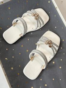 Kids' Rhinestone Multi-Strap Square Toe Flat Slide Sandals, Open Toe Slip-On Summer Casual Fashion Slides For Girls - White - View 5