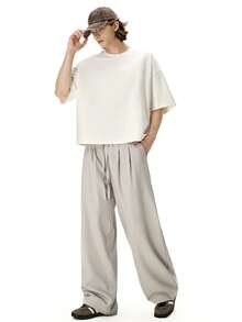 Pantalones básicos rectos para hombre, diseño neutro liso con cintura elástica ajustable, pantalón cómodo versátil apto para todo el año y uso diario casual - Lino - Ver 5