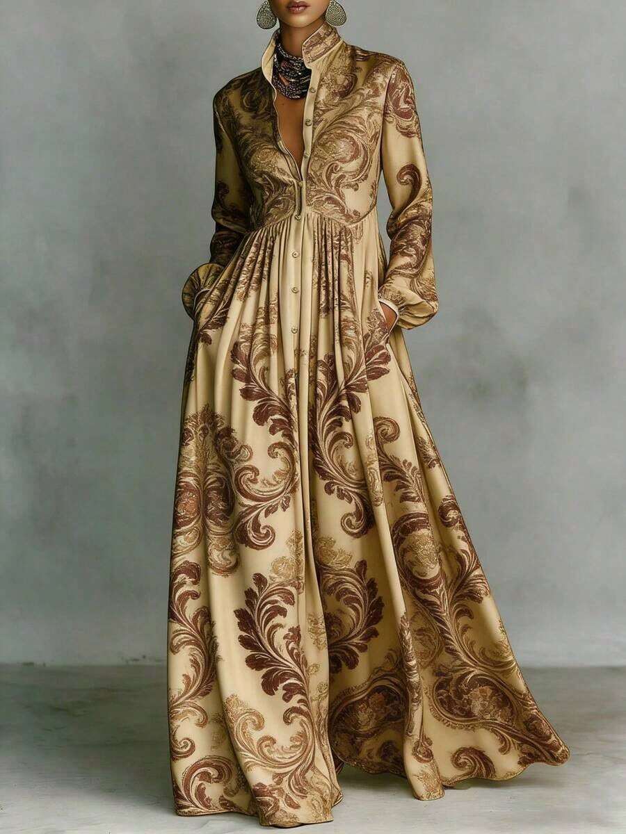 Elegant Retro Slimming Long Sleeve Printed Dress Women French Style Vacation Bodycon Midi Dress With Waist CincherDesign EuropeanAndCasual Party Wear - 卡其色 - 查看 1