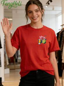 Women's Fitted Short Sleeve T-Shirt With Double-Sided Print, 1 Piece - Perfect Gift For New Year 2026, Valentine's Day, Easter, St. Patrick's Day, Black History Month, Back To School And Teachers - Graphic Tee With Tequila Bottle And Lime Print "More Tequila Please", Casual Summer Tee For Women, Great For Beach Parties And Warm Weather Outfits. - 紅色 - 查看 3