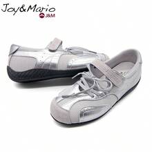 joy&mario 1雙女款銀色瑪麗珍芭蕾平底休閒鞋,輕量透氣拼色休閒鞋,魔鬼氈與繫帶設計,適合日常穿著與街頭風格 - J&M - 銀色 - 查看 5