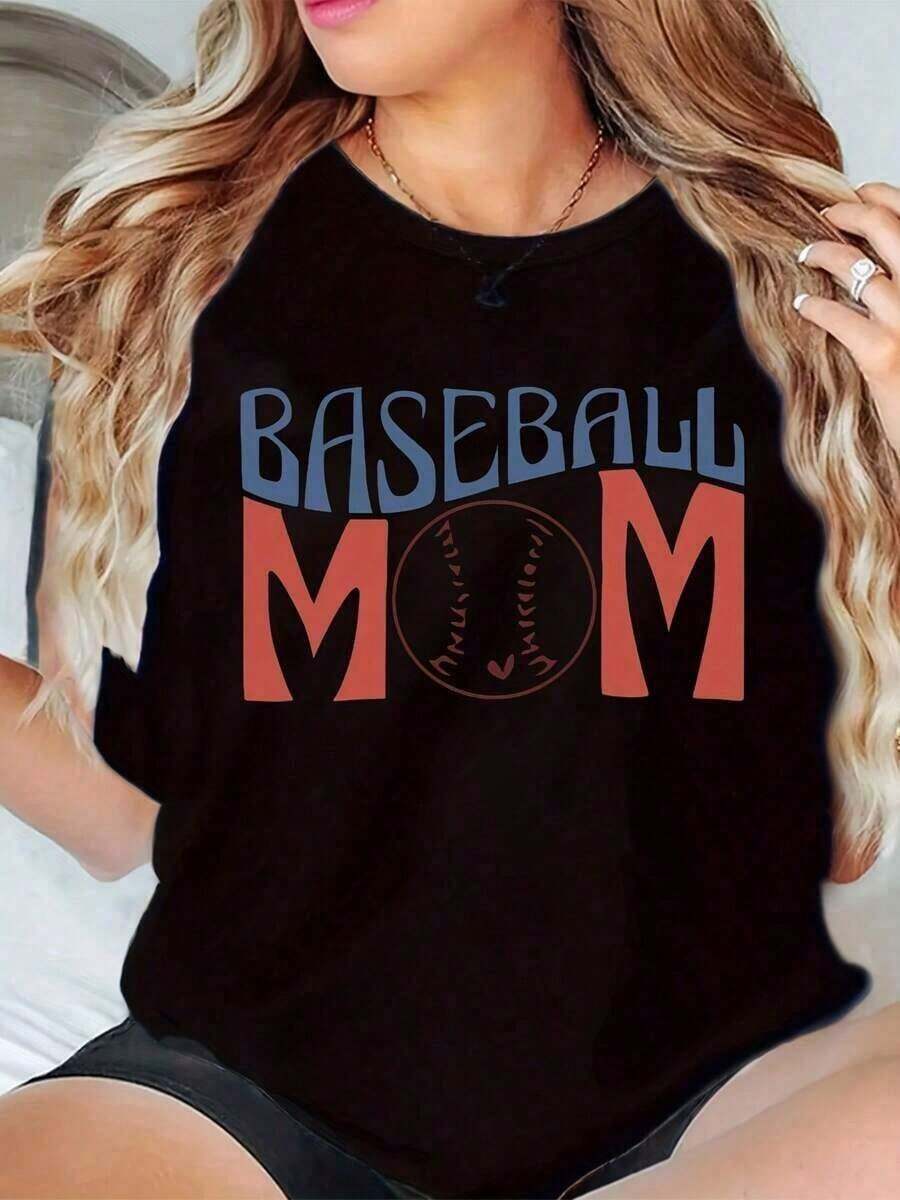 100% Cotton, Baseball Mom T-Shirts, Graphic Tees For Women, Casual Tops, Plus Size, Cute T-Shirt, Fashion Gifts, Short Sleeve, Soft - 黑色 - 查看 1