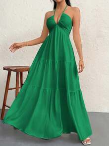 Vestido de gasa para mujer sin espalda con cuello halter y cola larga para vacaciones, bodas o festivales - Verde 2 - Ver 4