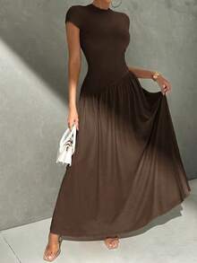 Vestido de línea A de manga corta, de cuello, ajustado, con bajo asimétrico, de uso diario, de estilo minimalista y elegante - Café integral - Ver 4