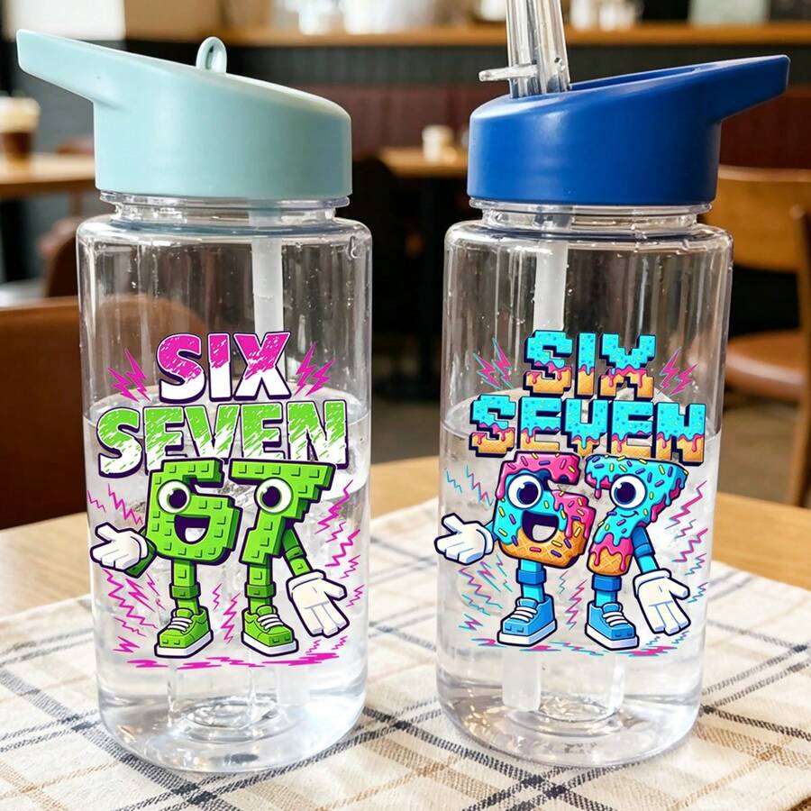 1个500毫升(17盎司)儿童卡通67图案可爱吸管杯,是返校季和毕业季送给男孩女孩的最佳礼物,户外运动水壶,校园学生卡通杯 - 無色 - 查看 1