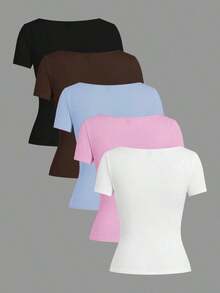 Set de 3 camisetas de punto para mujer, multicolor, camisetas básicas de primavera/verano para mujer, tops ajustados básicos, paquete de tops básicos, tops básicos para mujer, tops de ajuste ceñido, tops básicos, tops de mujer de cuello cuadrado, tops de verano para mujer, tops de manga corta para mujer, tops de verano para mujer, camisetas de mujer - Multicolor 10 - Ver 2