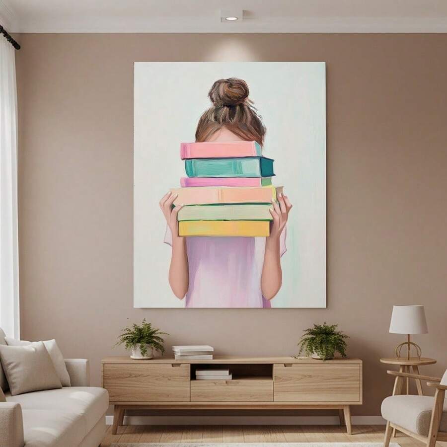 Enmarcado 1 póster de arte moderno de chica leyendo estilo bohemio - Lienzo  2D en tonos pastel suaves, estilo minimalista para adolescentes lectoras, ideal para habitaciones, aulas y bibliotecas - Decoración bohemia, obra de arte contemporánea, fácil de colgar, diseño plano 2D, perfecto para la decoración de habitaciones. - Enmarcado - Ver 1