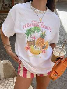1 pieza de camiseta de manga corta con cuello redondo y estampado de frutas tropicales minimalista, moderna y versátil, para hombres y mujeres, color blanco, nueva llegada de verano. Versátil, fácil de combinar, adecuada para uso diario, estilo urbano, conjuntos de vacaciones, conjuntos de fin de semana. - Blanco - Ver 7