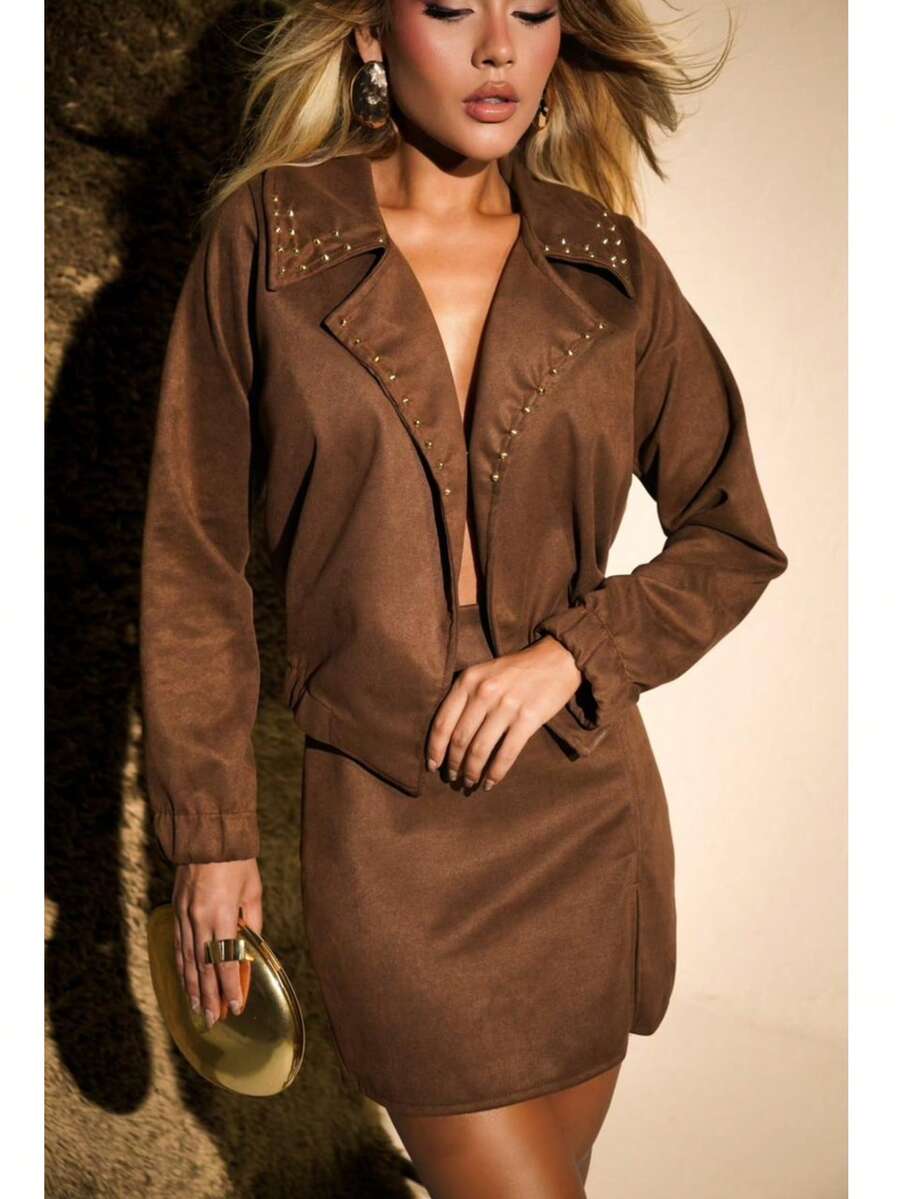 Women's Suede Country Western Set: Jacket And Short Skirt With Slit, High Waist, Elegant Party/Rodeo Style - Rust Brown - View 1