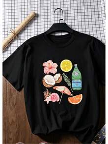 Women's White Cotton T-Shirt, Short Sleeves With A Coconut, Umbrella, And Flower Print. Soft And Lightweight Fabric, Casual Style Ideal For Summer, Beach, Vacations, And Outdoor Activities. Minimalist Resort Design, Super Comfortable And Versatile For Travel And Everyday Wear. MBWZ - 黑色 - 查看 6