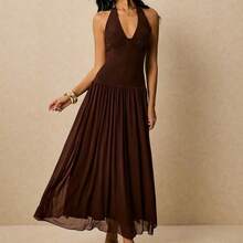 Women's Polka Dot Print Casual Sleeveless Long Dress - Marrón - Ver 7