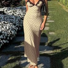 Yuwenier Elegant Romantic A-Line Satin Polka Dot Print Maxi Dress, Lace Patchwork Spaghetti Strap, Open Back, Suitable For Valentine's Day, Music Festival, Beach Holiday Black Summer - Negro - Ver 2