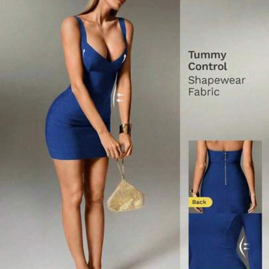 Sexy Solid Color Knit Spaghetti Strap Sleeveless Mini Dress, Bodycon Party Holiday Dress For Women Tummy Control Dress Shapewear Dress Bandage Dress For Women White Dress - azul real - Ver 1