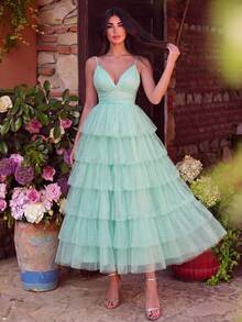 Faeriesty Elegant Spaghetti Strap Layered Ruffle Hem Chiffon Cami Dress, Suitable For Back To School, Parties And School Dances Wedding - Mint Green - View 4