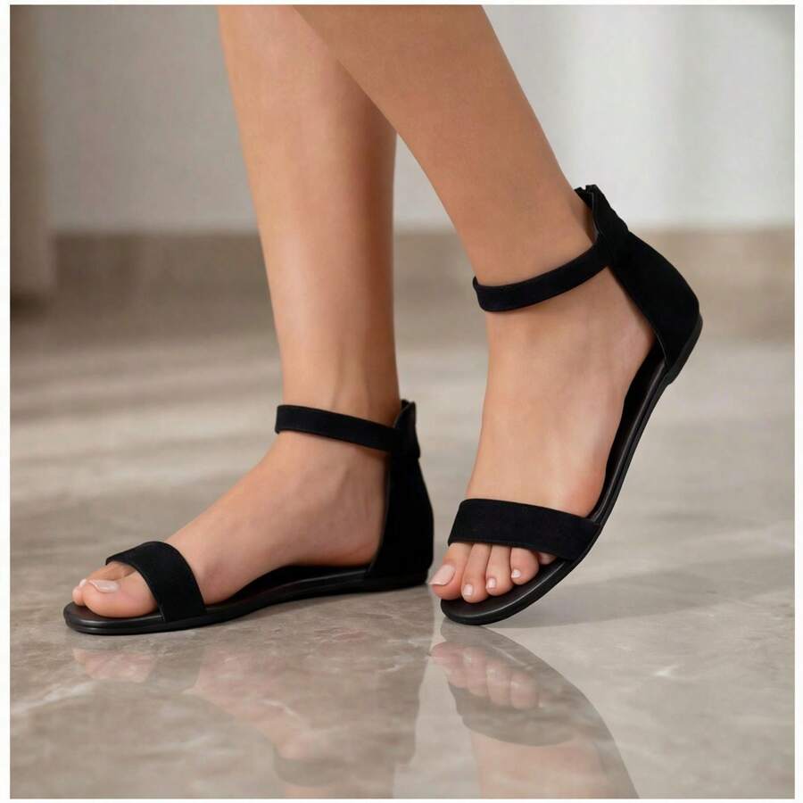 Geeyea Women's Black Flat Sandals Ankle Strap Open Toe Casual Summer Shoes - 黑色 - 查看 1