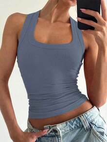 Camiseta de tirantes de mujer Floreya con cuello cuadrado, top corto casual de ajuste ceñido sin mangas, versátil para usar por sí solo o en capas, estilo minimalista francés, apto para todas las estaciones, verano - Niebla azul - Ver 2