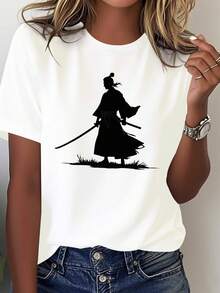 Women's T-Shirt With Japanese Samurai Silhouette And Katana - 100% Cotton, Comfortable Crew Neck, Inspired By Anime & Manga, Japanese Calligraphic Design, White, For Themed Events And Casual Wear. Geometric Print, Suitable For All Seasons, Machine Washable, Relaxed Fit T-Shirt, Japanese Warrior Graphic, Japanese Style Clothing - 白色 - 查看 1