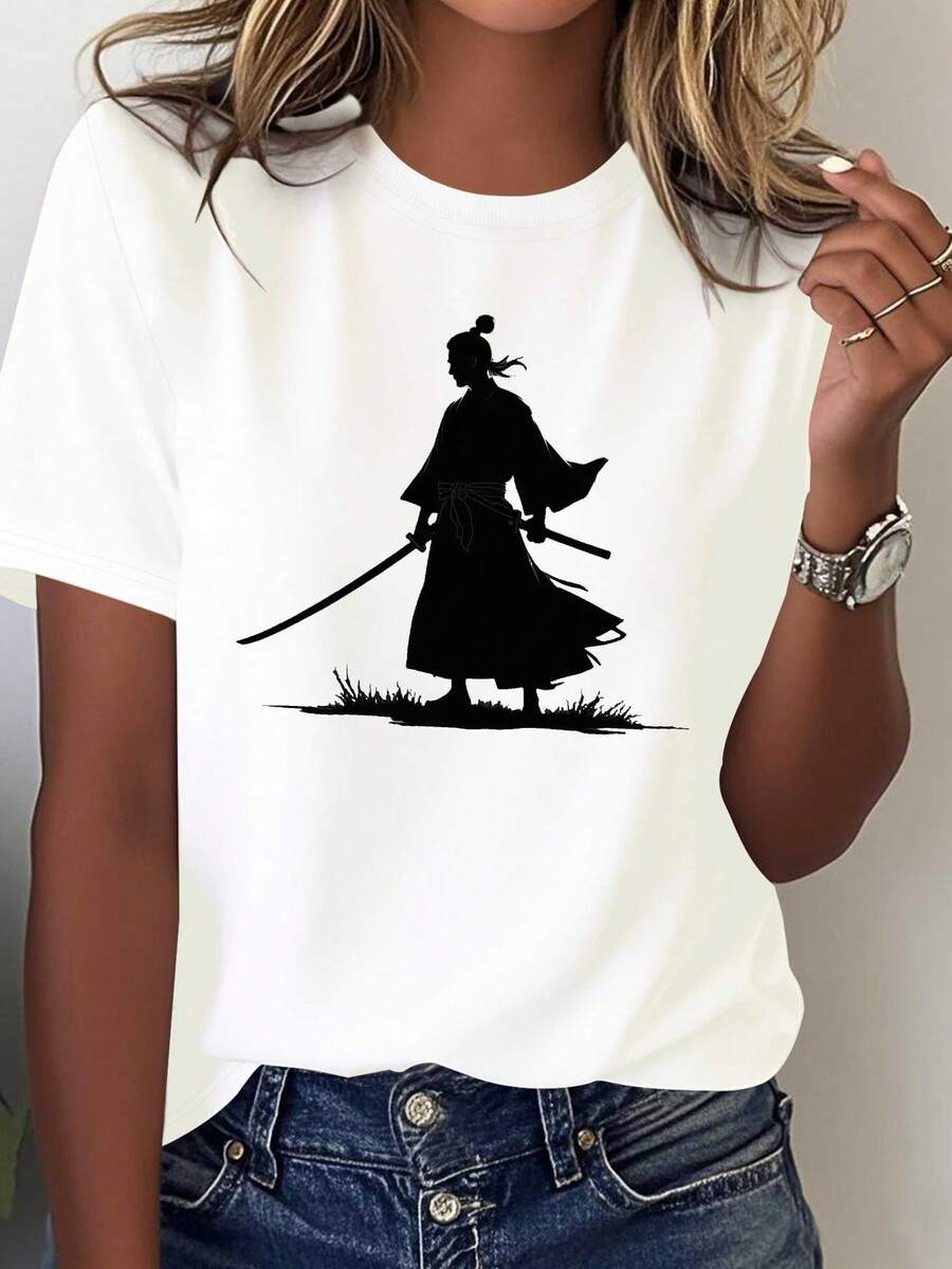 Women's T-Shirt With Japanese Samurai Silhouette And Katana - 100% Cotton, Comfortable Crew Neck, Inspired By Anime & Manga, Japanese Calligraphic Design, White, For Themed Events And Casual Wear. Geometric Print, Suitable For All Seasons, Machine Washable, Relaxed Fit T-Shirt, Japanese Warrior Graphic, Japanese Style Clothing - 白色 - 查看 1