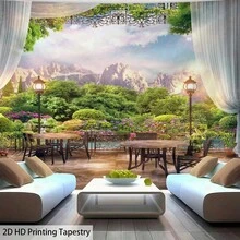 1件花园露台山景挂毯，饰有盛开的花朵、绿植和白雪皑皑的山峰图案，适用于卧室、客厅、宿舍家居装饰，涤纶面料，自然风景墙面艺术挂毯 - 花園露台山景款 - 查看 8