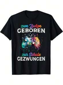 Humorous Summer T-Shirt For Gamers - Designed For Gaming, Featuring The Phrase "Forced To Attend School" - Text In German With Video Game Illustrations And Controller Graphics - Relaxed Fit For Adult Gamers - Comfortable T-Shirt For Year-Round Wear - Ideal For Celebrating Gamer Birthdays. Loose And Comfortable For Summer. - Back - View 6