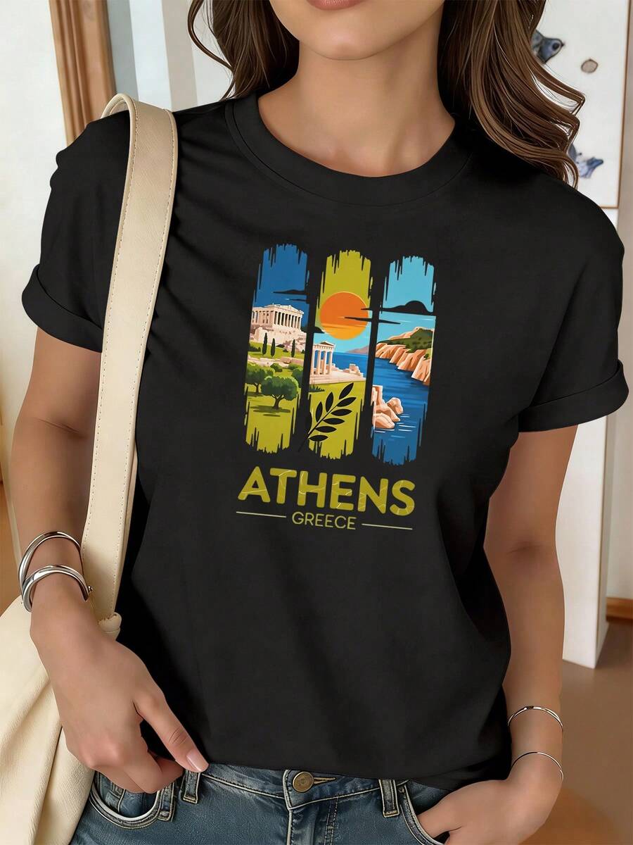 Women's Greek Themed T-Shirt From Athens, With Slogan Decoration And Parthenon Sea View, Casual Short Sleeve, Vintage Travel Style In Yellow And Blue, Greek Travel T-Shirt - 黑色 - 查看 1