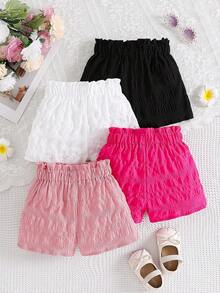 4 piezas Pantalones cortos tipo bombacho con decoración de moño 3D en unicolor para niñas, adecuados para salidas diarias en verano - Multicolor - Ver 3