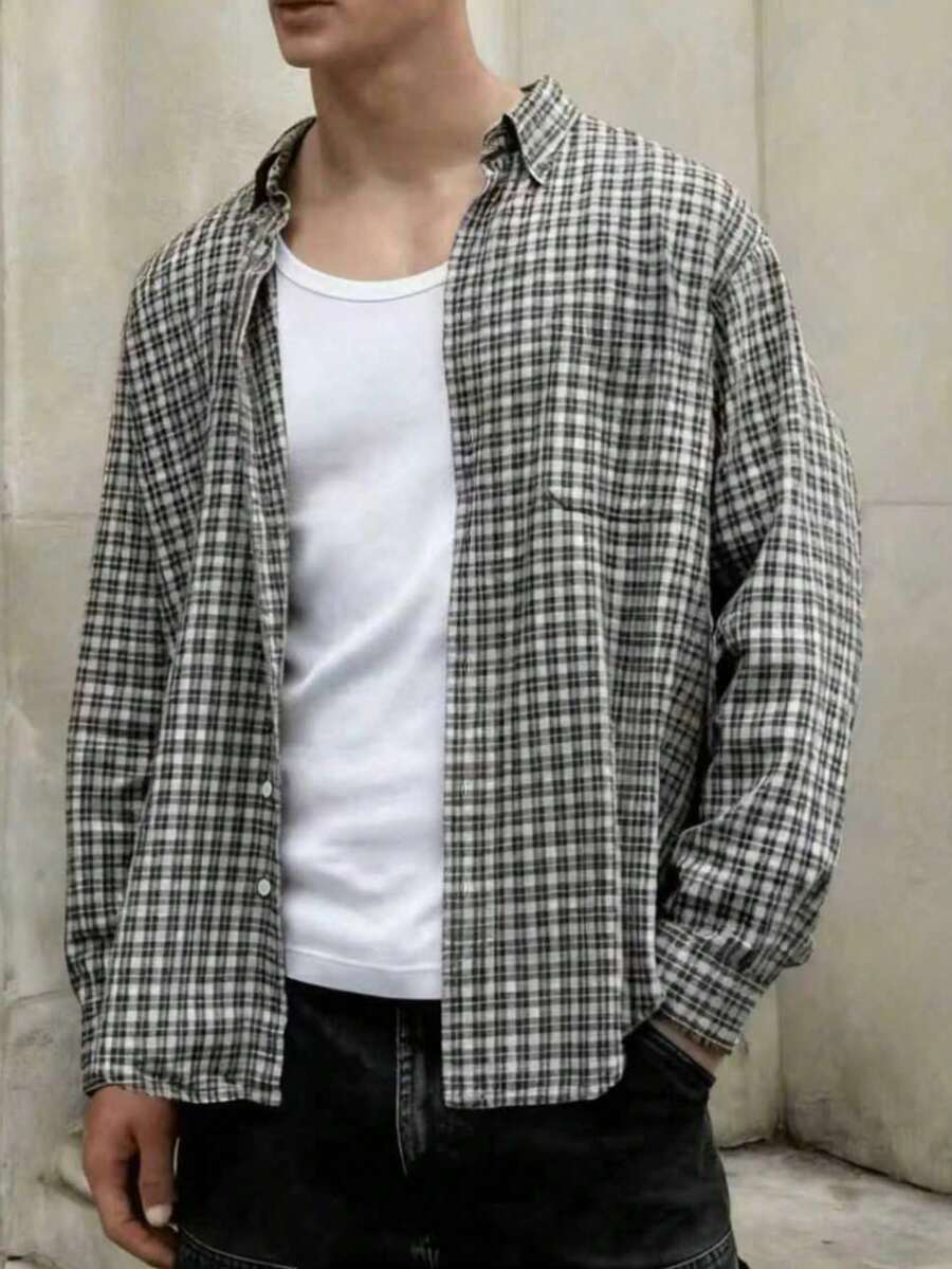 男士格子长袖单排扣口袋休闲通勤衬衫,适合春、秋、冬季穿着 - 黑與白 - 查看 1