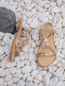 1 Pasang Sandal Datar Tenun Bunga Musim Panas untuk Remaja, dengan Tali Warna-warni dan Detail Rhinestone Bunga, Sandal dengan Tali Pergelangan Kaki Elastis - Krem - View 7
