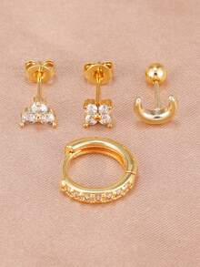 4PCS Cute Moon Zirconia Flower Stud Earrings Set 18K Gold Plated Piercing Cartilage Hoop Earrings For Women Jewelry Accessories - 1-gold-4PCS - View 4