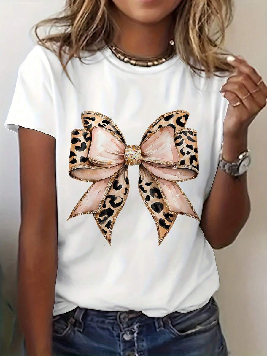 Women's Short-Sleeved Cotton T-Shirt With Vintage 90s Graphic Print, Bow And Leopard Print, Round Neck, Casual Top For Summer And Spring, Women's Clothing. - 白色 - 查看 1