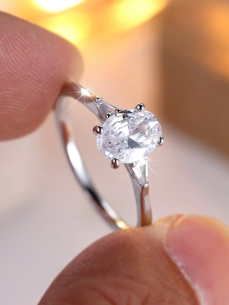 Vanel 1 chiếc nhẫn solitaire hình oval màu bạc thanh lịch, đính đá Cubic Zirconia, kiểu dáng tối giản, thích hợp đeo hàng ngày, món quà trang nhã. - trắng bạc - Xem 1
