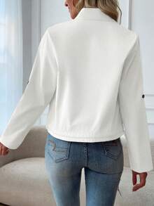 Women's Lightweight Stand Collar Pilot Jacket – Stylish Zip-Up Flight Jacket With Decorative Front Pockets And Adjustable Drawstring Hem White - White - View 3