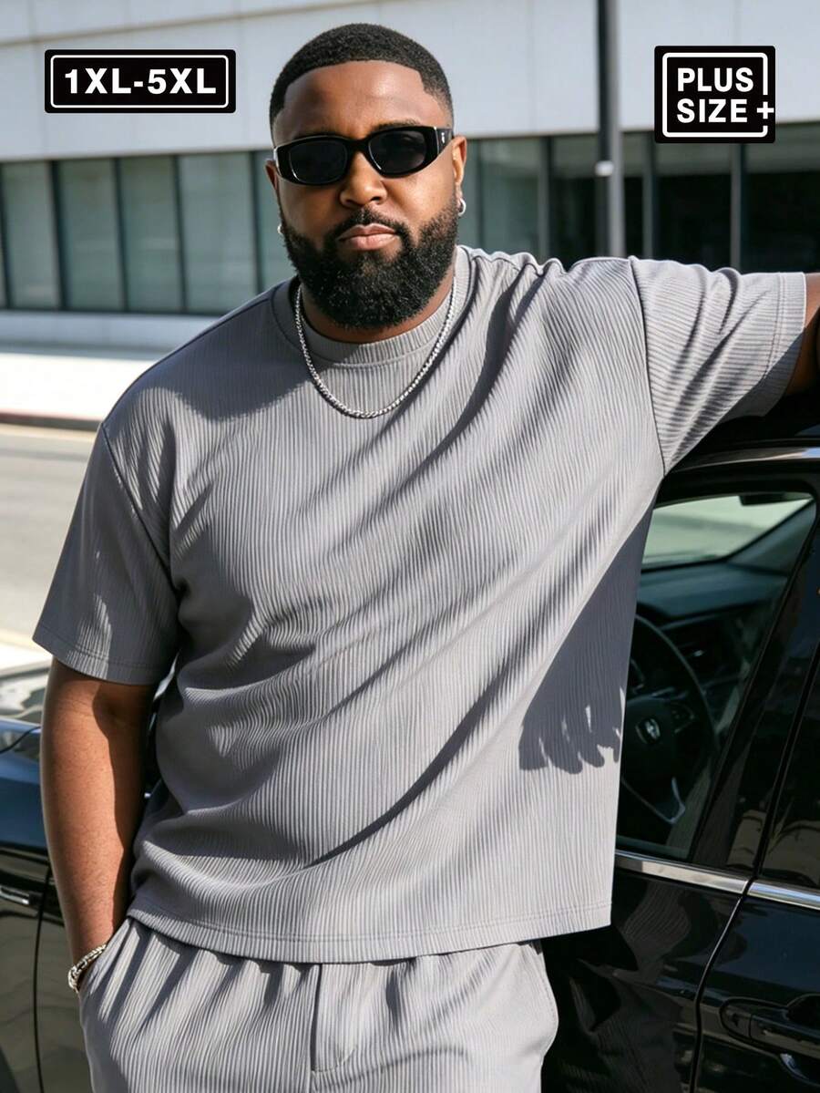 Plus Size Men's Textured Solid Color Casual Crew Neck Short Sleeve T-Shirt Summer Style Sports - Grey - View 1