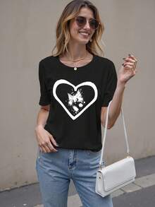 Camiseta con Estampado de Gato y Corazón para Mujer - Tela de Mezcla de Algodón Suave, Camiseta Holgada Casual de Verano para Uso Diario y Más - Negro - Ver 3