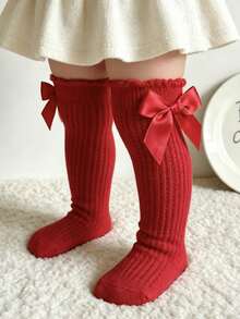 1 Pair Girls' Mesh Bow Knee High Socks, Breathable Non-Sweating Calf Length Socks - Red - View 2