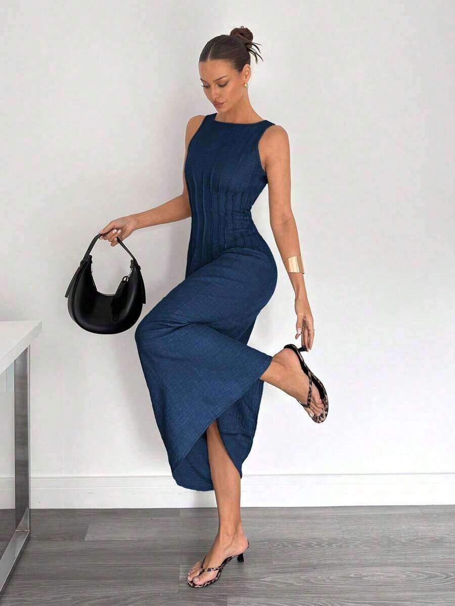 Nuevo vestido largo de verano con corte en la cintura y diseño fruncido, estilizador - Azul marino - Ver 1