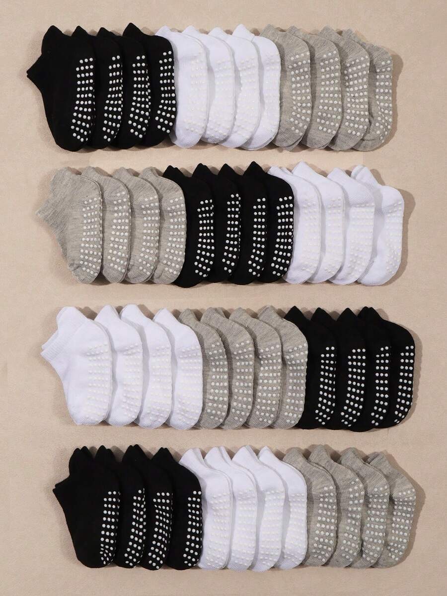 20 Pairs Baby Summer Solid Color Non-Slip Black/White/Gray Short Socks, 10/5 Comfortable Breathable Crew Socks With Non-Slip Bottoms, Ideal For Infants Crawling And Daily Wear - Multicolor - View 1