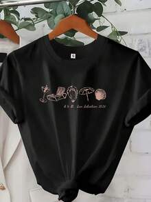 Camiseta manga corta cuello redondo 100% algodón, estampado trendy, tejido ligero y ventilado, estilo moda casual, apta para vida diaria, salidas informales y citas en primavera, verano y otoño - Negro - Ver 1