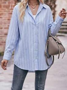 Áo sơ mi nữ Look Polly kẻ sọc xanh dương mùa hè, kiểu dáng ôm vừa vặn, tay dài, trang phục công sở lịch sự. - Màu xanh lam - Xem 11