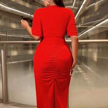 Cravure Plus Size V-Neck Short Sleeve Ruched Fitted Charming & Elegant Split Hem Dress For New Year Clothes Maxi Women Outfit Prom - Rojo - Ver 3