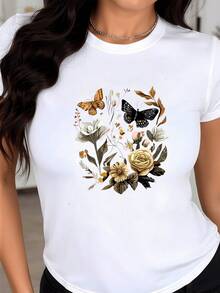 Golden Butterflies Fluttering Among Flowers Symbolizing Freedom, Renewal, And Natural Beauty In Balance With Elegant Femininity. A Modern And Comfortable Casual Women's T-Shirt For Everyday Wear. - 白色 - 查看 8